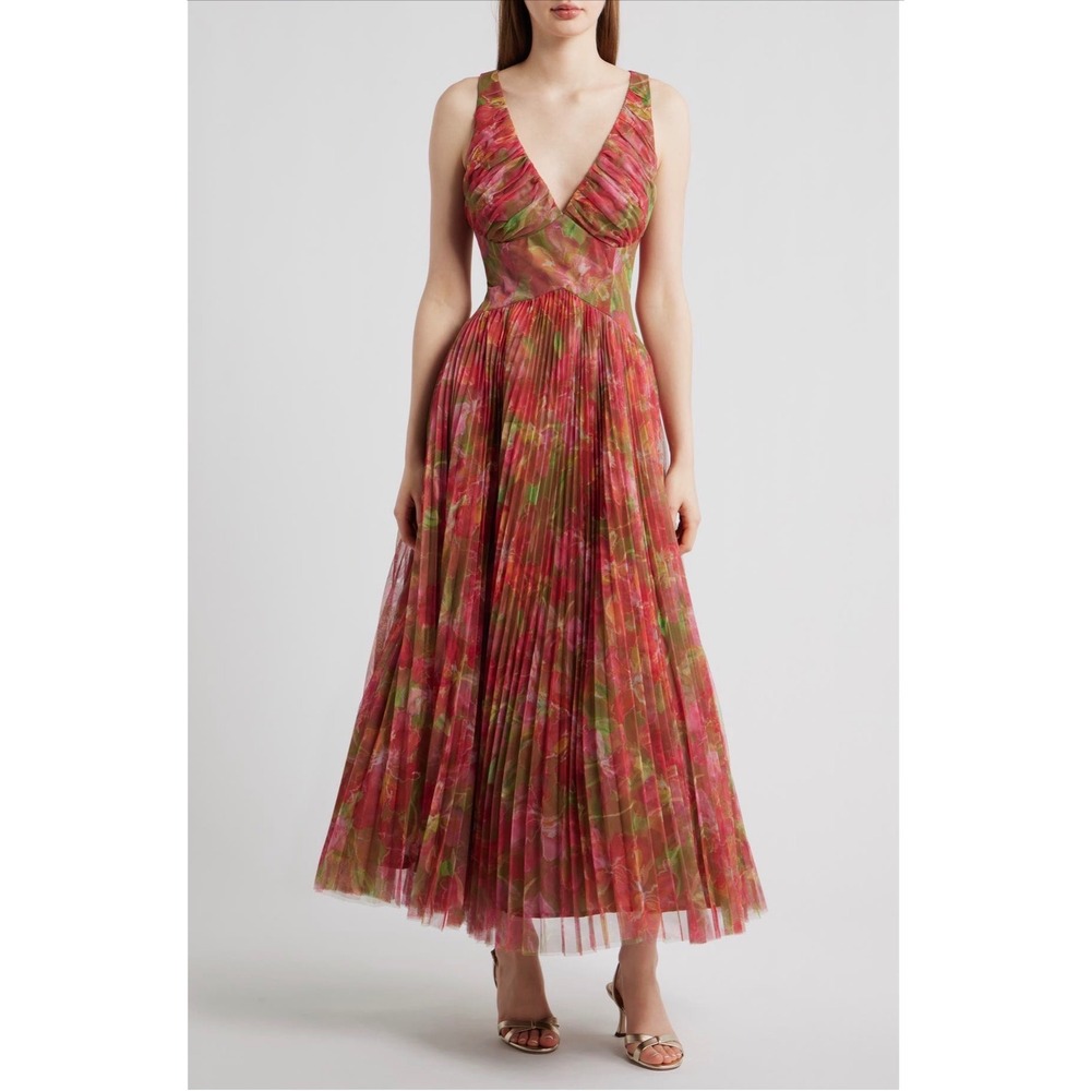 Hutch Eliana Floral Pleated Gown Red Olive Watercolor NWT Size 4
